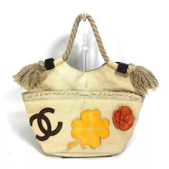 CHANEL CC Mark Clover Flower fish bag net bag Tote Bag Shoulder Bag Canvas Beige - Picture 1 of 16